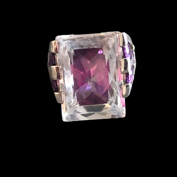 18K Gold E Purple Cubic Zirconia 2 tone silver Statement Ring Size 7.5 16gram - Picture 12 of 16